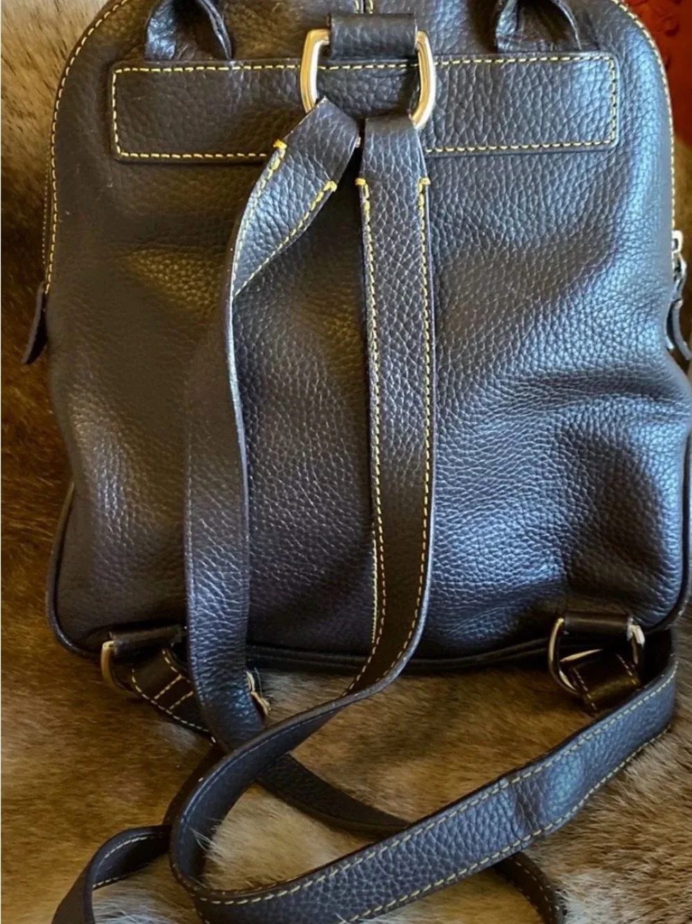 Dooney & Bourke Dark Brown Leather Backpack with Yellow Stitching